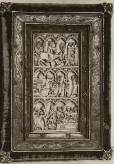 Diptych, 3 registers, 4 arches across (plaquettes; frise d'arcature); used as part of the binding of a book (Front cover)