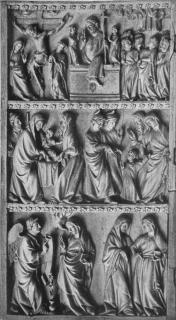 Diptych, 3 registers, bands of rosettes (décor de roses) (Wing, left)