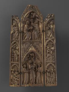 Gabled triptych, 3 registers and 2 registers, 1 arch across (Front, open)