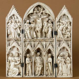Triptych, 2 registers, with arches and bands of roses (décor de roses; colonnettes; frise d'arcatures); known as Triptyque de Saint-Sulpice-du-Tarn (Front)