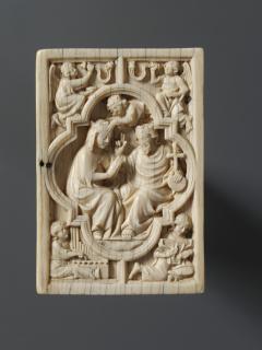 Diptych, with quatrefoils (quatre-feuille); reused as part of the binding of a book (Wing, left)
