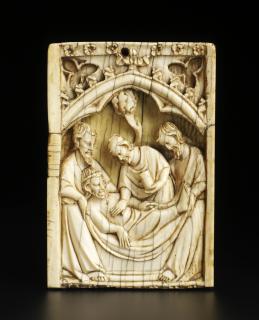 Upper register of right wing (fragment of a diptych), 1 register, 1 arch across, bands of rosettes (décor de roses) (Front)