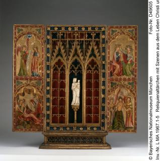 Statuette; reused in a painted wooden reliquary-altarpiece (Front)
