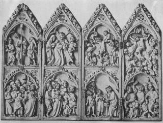 Gabled polyptych, 2 registers, 1 arch across (frise d'arcatures; colonnettes) (Front)