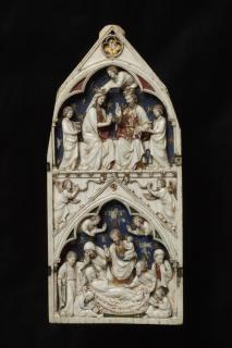 Gabled centre panel, bands of rosettes (fragment of polyptych or tabernacle; décor de roses; colonnettes) (Front)