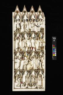 Panel with gables, 4 registers, 4 arches across (frise d'arcatures); also known as the Salting leaf (Front)
