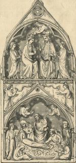 Gabled centre panel, bands of rosettes (fragment of polyptych or tabernacle; décor de roses; colonnettes) (Front)