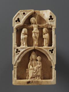 Centre panel with truncated gable (fragment of a triptych), 2 registers, 1 arch across (colonnettes) (Front)