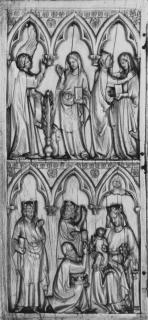 Diptych, 2 registers, 3 arches across, bands of rosettes (frise d'arcatures; décor de roses) (Wing, left)