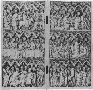 Diptych, 3 registers, 5 arches across, bands of rosettes (frise d'arcatures; décor de roses) (Front)