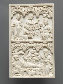 Set of writing tablets, 4 inner writing tablets and 2 outer covers, 2 registers, 3 arches across (tablettes à écrire; frise d'arcatures; plaquettes) (Front cover)