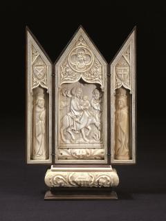 Gabled triptych, 2 registers, 1 ogee arch across (Front)