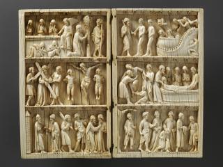 Diptych, 3 registers, bands of rosettes (plaquettes; décor de roses) (Front, open)