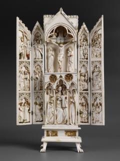Gabled polyptych, 2 registers, with arches (tabernacle; colonnettes; frise d'arcatures) (Front, open)
