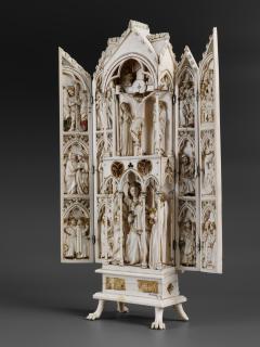 Gabled polyptych, 2 registers, with arches (tabernacle; colonnettes; frise d'arcatures) (Front, open)
