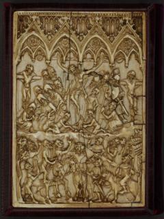 Diptych, 1 register, 4 arches across (frise d'arcatures); used as part of the binding of a book (Wing, left (back cover))