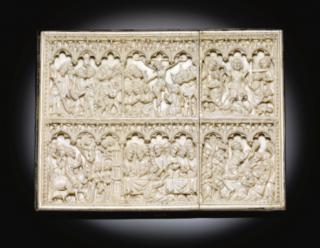 Panels (fragments of a diptych), 2 registers, 9 arches across (frise d'arcatures; colonnettes) (Front)