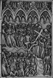 Diptych, 1 register, 4 arches across (frise d'arcatures); used as part of the binding of a book (Wing, right (front cover))