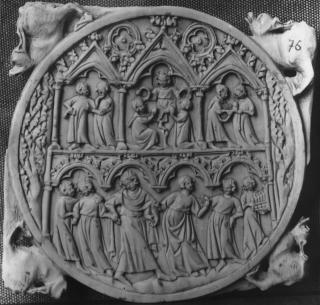 Mirror case, 2 registers, with arches (valve de miroir; frise d'arcatures; colonnettes) (Front)