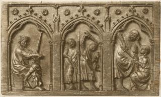 Panel (fragment of a casket), 1 register, 3 arches across (coffret; frise d'arcatures; colonnettes) (Front)
