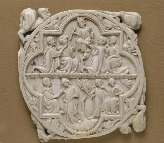 Mirror case, 2 registers, frame of 4 lobes, bands of rosettes (valve de miroir; décor de roses) (Front)