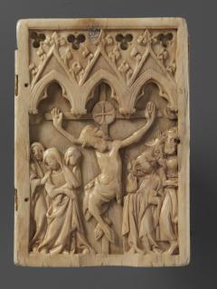 Wing, right (part of a diptych), 1 register, 3 arches across (plaquette, frise d'arcatures); probably reused as the binding of a booklet (Front)