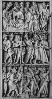 Wing, left (part of a diptych), 3 registers, bands of rosettes (décor de roses) (Front)