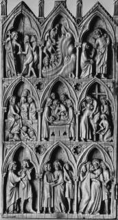 Gabled diptych, 3 registers, 3 arches across (frise d'arcatures; colonnettes) (Wing, left)