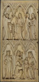 Diptych, 2 registers, 3 arches across, bands of rosettes (frise d'arcatures; décor de roses) (Wing, left)