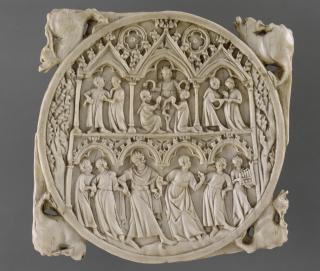 Mirror case, 2 registers, with arches (valve de miroir; frise d'arcatures; colonnettes) (Front)