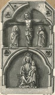 Centre panel with truncated gable (fragment of a triptych), 2 registers, 1 arch across (colonnettes) (Engraving)