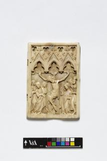 Wing, right (part of a diptych), 1 register, 3 arches across (plaquette, frise d'arcatures); probably reused as the binding of a booklet (Front)