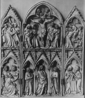 Triptych, 2 registers, with arches and bands of roses (décor de roses; colonnettes; frise d'arcatures); known as Triptyque de Saint-Sulpice-du-Tarn (Front)