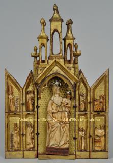 Polyptych with ivory reliefs, 1 and 2 registers (tabernacle; appliqués); also known as Madonna di Monteguaitano and Madonna delle Grazie (Front)