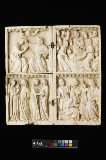 Wing, right (part of a diptych), 2 registers, bands of rosettes (décor de roses) (Front)