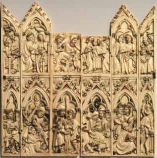 Wings, 2 registers, 1 arch across (fragment of a polyptych; missing centre panel) (Front (open))