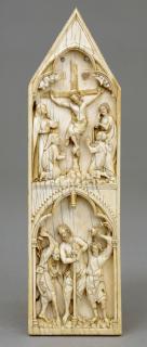 Gabled panel (fragment of a polyptych), 2 registers, 1 arch across (Front)