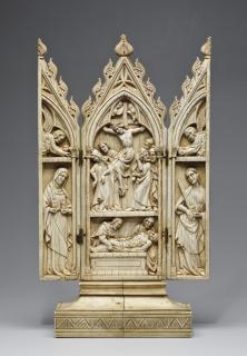 Gabled triptych, 2 registers, with arches (colonnettes) (Front, open)