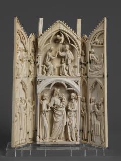 Gabled polyptych, 2 registers (tabernacle; frise d'arcatures; colonnettes) (Front, open)