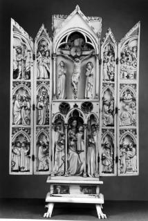 Gabled polyptych, 2 registers, with arches (tabernacle; colonnettes; frise d'arcatures) (Front, open)