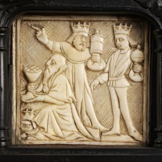 40 panels, 1 register, 1 ogee arch across; inserted in a wooden cabinet (Row 4, panel 5)