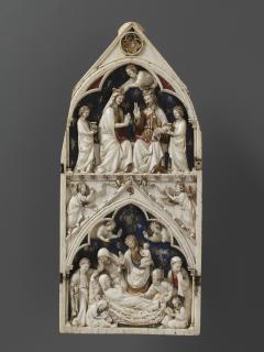Gabled centre panel, bands of rosettes (fragment of polyptych or tabernacle; décor de roses; colonnettes) (Front)