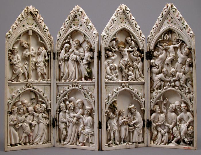 Gabled polyptych, 2 registers, 1 arch across (frise d'arcatures; colonnettes) (Front)