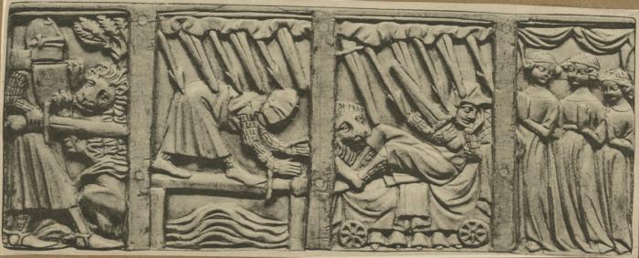 Back panel (fragment of a casket; coffret); reused as part of the binding of a book (Front)