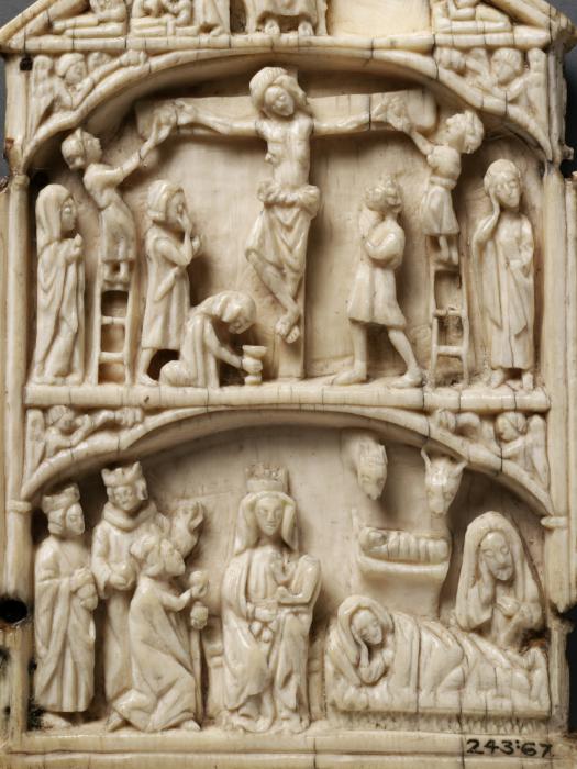 Centre panel (part of a gabled triptych), 3 registers, 1 arch across (plaquette) (Front, detaio)