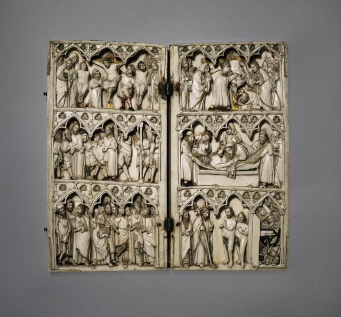 Diptych, 3 registers, 3 arches across (frise d'arcatures; colonnettes) (Front)