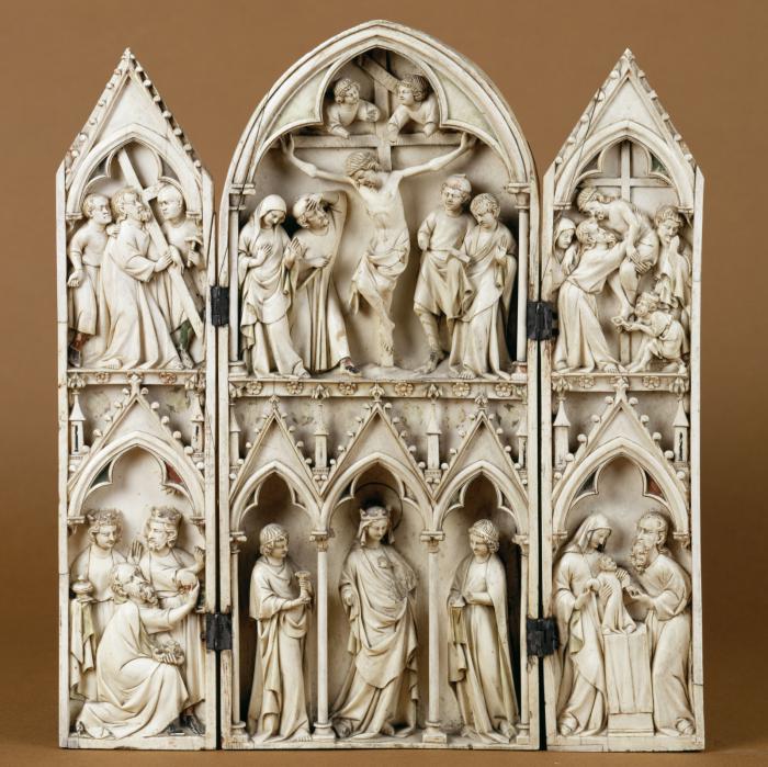Triptych, 2 registers, with arches and bands of roses (décor de roses; colonnettes; frise d'arcatures); known as Triptyque de Saint-Sulpice-du-Tarn (Front)