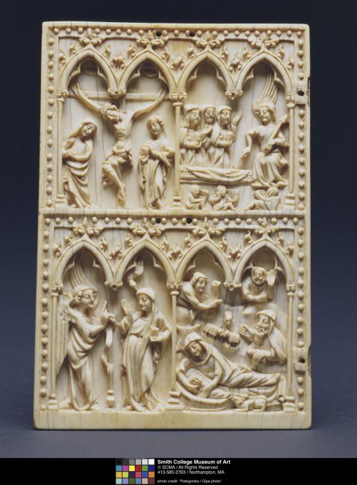 Wing, left (fragment of a diptych), 2 registers, 4 arches across (frise d'arcatures; colonnettes) (Front)