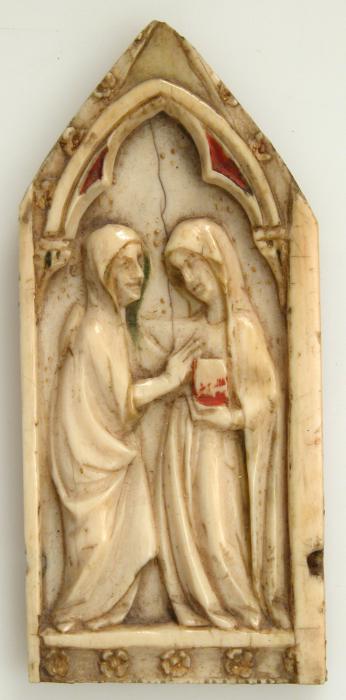 Gabled panel (fragment of a polyptych; tabernacle), 1 register, 1 arch across, band of rosettes (décor de roses) (Front)