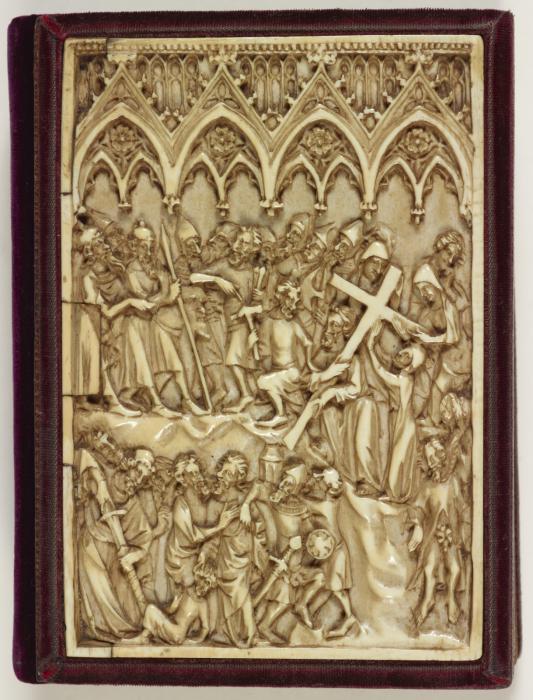 Diptych, 1 register, 4 arches across (frise d'arcatures); used as part of the binding of a book (Wing, right (front cover))
